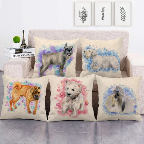 Funda de Cojín Cuadrada de Lino Patrón Perro Animal Acuarela Funda de Almohada Decorativa para Sofá Sala Decoración Nórdica