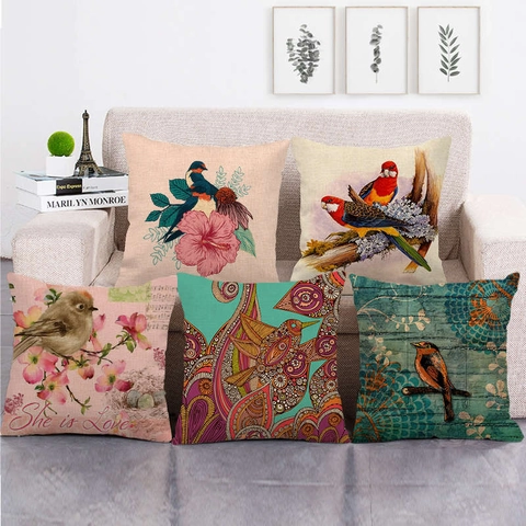 Vintage Vogel Blumen Leinen Kissenbezug Amerikanischer Stil Retro Dekorative Wurfkissenhülle Für Sofa Zuhause Wohnzimmer Auto