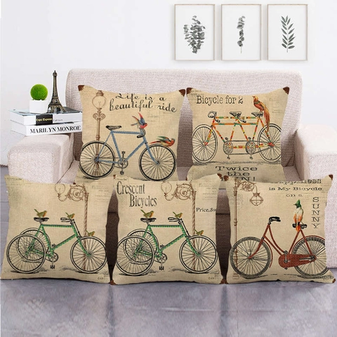 Funda De Almohada De Bicicleta Vintage Mezcla De Lino Y Algodón Funda De Cojín Retro Patrón De Pájaro Lámpara Decoración Hogar