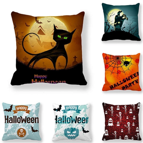 Halloween Cushion Cover Peach Skin Velvet Square Digital Print Pumpkin Bat Ghost Festive Home Sofa Decor Pillowcase