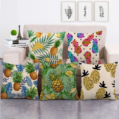 Tropischer Ananas Leinen Kissenbezug Frucht Botanischer Druck Quadratisch Dekorative Kissenhülle Für Sofa Wohnzimmer