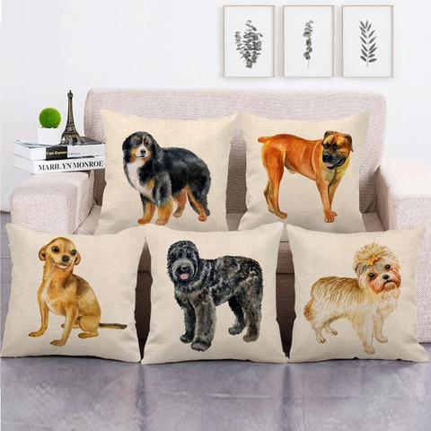 Watercolor Dog Portrait Linen Blend Throw Pillow Cover Decorative Artistic Animal Square Cushion Case For Sofa Home Decor