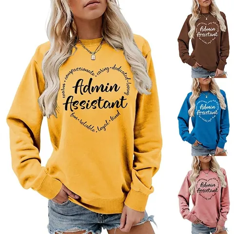 Damen Casual Baumwolle Sweatshirt Langarm Rundhalsausschnitt Pullover Admin Assistant Herz Grafikdruck Herbst Winter Top