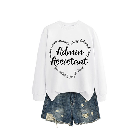 Damen Casual Baumwolle Sweatshirt Langarm Rundhalsausschnitt Pullover Admin Assistant Herz Grafikdruck Herbst Winter Top