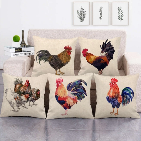 Linen Decorative Pillow Case Rooster Sunflower Farmhouse Country Style Digital Printing Cushion Cover For Home Sofa Decoration