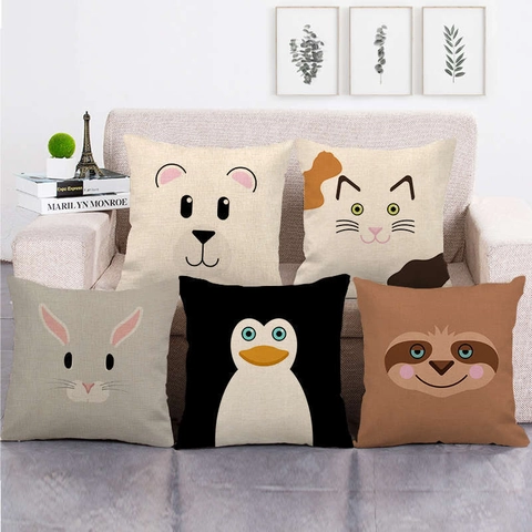 Quadratische Kissenbezüge Leinenmischung Cartoon Tiergesicht Druck Dekorative Kissenhüllen Für Sofa Couch Heimdekoration Süß Minimalistisch