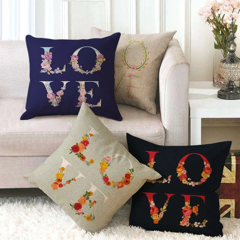 Funda De Cojín De Lino Con Letras Florales Love Funda De Almohada Cuadrada Decorativa Para Sofá Hogar