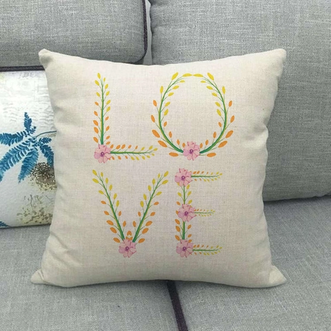 Funda De Cojín De Lino Con Letras Florales Love Funda De Almohada Cuadrada Decorativa Para Sofá Hogar