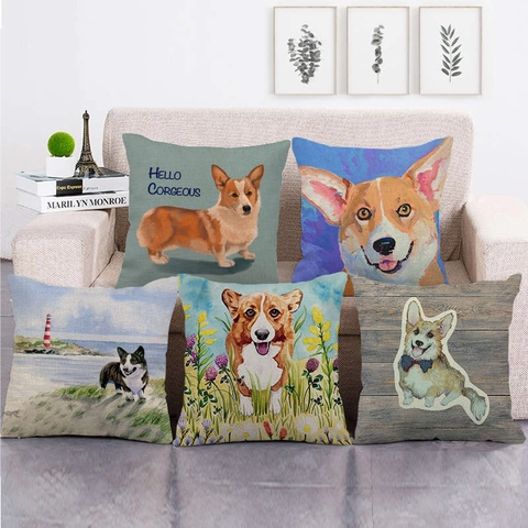 Corgi Dog Throw Pillow Cover Linen Cotton Blend Square Decorative Cushion Case For Sofa Home Cute Animal Art Print