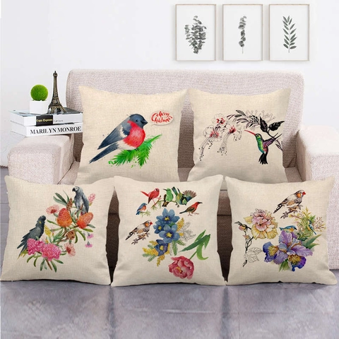 Leinen Vogel Blumen Deko Kissenhülle Aquarell Vögel Pflanzen Kissenbezug Für Sofa Bett Home Decor Weihnachten Stil Quadratischer Kissenbezug