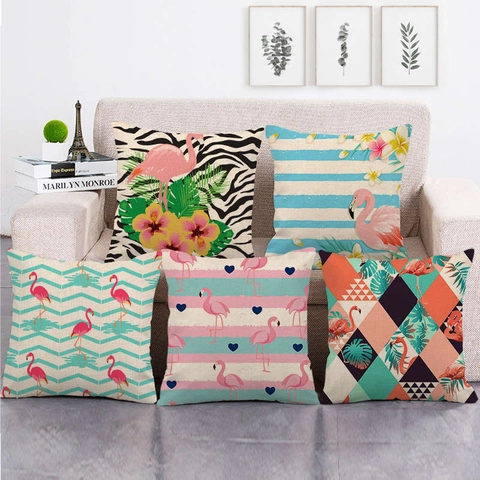 Flamingo Leinen Kissenbezug Tropische Pflanzen Blumen Muster Dekorativer Quadratischer Kissenbezug Sofa Heimdeko