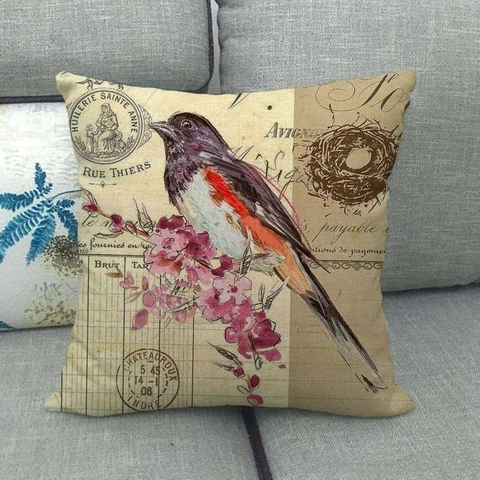 Vintage Bird And Flower Pattern Linen Decorative Pillowcase Retro French Country Style Square Cushion Cover For Sofa Living Room Home Decor