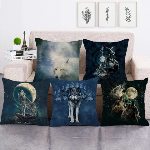 Mystieke Wolf Patroon Linnen Kussenslopen Maan Bos Dierenprint Decoratieve Kussenhoezen Voor Sofa Home Decor