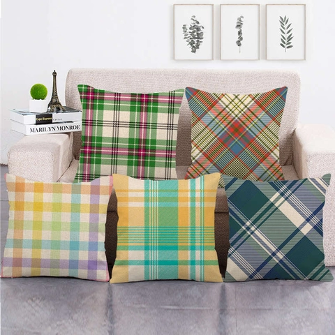 Funda de Almohada Decorativa a Cuadros Mezcla de Algodón y Lino Cuadrada para Sofá Sala de Estar Decoración del Hogar