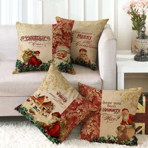 Funda Almohada Navidad Lino Fundas Cojín Decorativas Decoración Hogar Vacaciones Papá Noel Vintage Tema Invierno Sofá