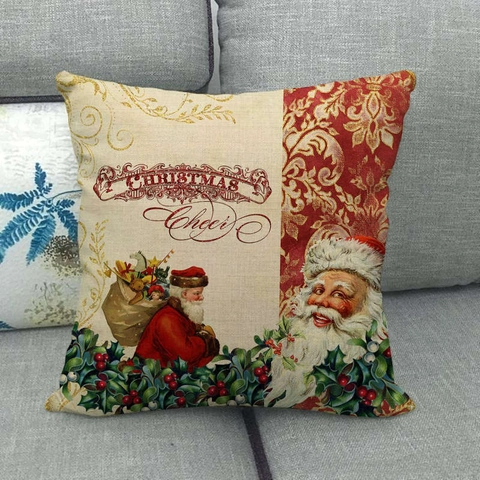 Funda Almohada Navidad Lino Fundas Cojín Decorativas Decoración Hogar Vacaciones Papá Noel Vintage Tema Invierno Sofá