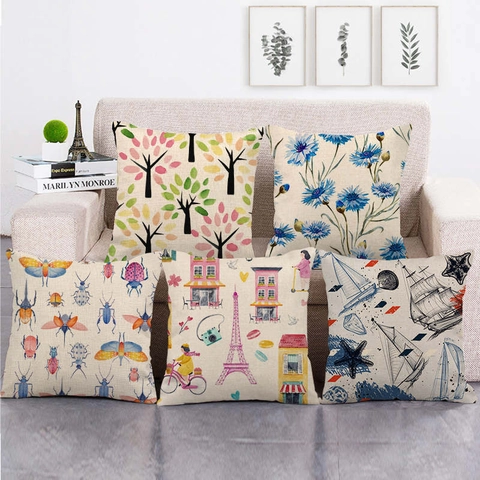 Funda de Cojín Decorativa de Lino Vintage Cuadrada Para Sofá Coche Sala de Estar Decoración del Hogar Estampado Artístico Varios Diseños Sin Relleno