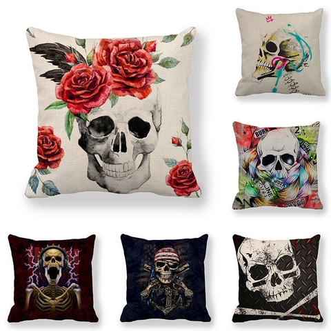 Skull Decorative Pillow Case Linen Gothic Cushion Cover Halloween Home Decor For Sofa Couch Square