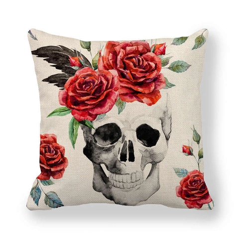 Skull Decorative Pillow Case Linen Gothic Cushion Cover Halloween Home Decor For Sofa Couch Square
