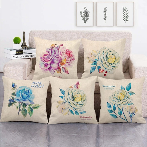 Minimalistisch Handgetekend Kleurrijk Bloem Linnen Kussenhoes Vierkant Decoratief Sierkussenhoes Voor Bank Woonkamer Huisdecoratie Zonder Vulling