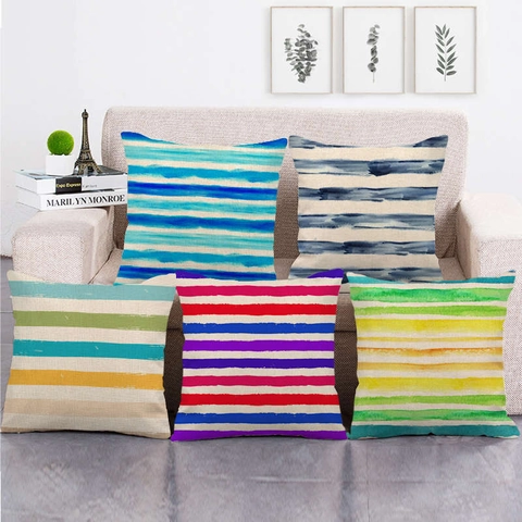 Linen Cushion Cover Square Watercolor Abstract Colorful Stripes Pattern Throw Pillowcase For Sofa Couch Living Room Decor