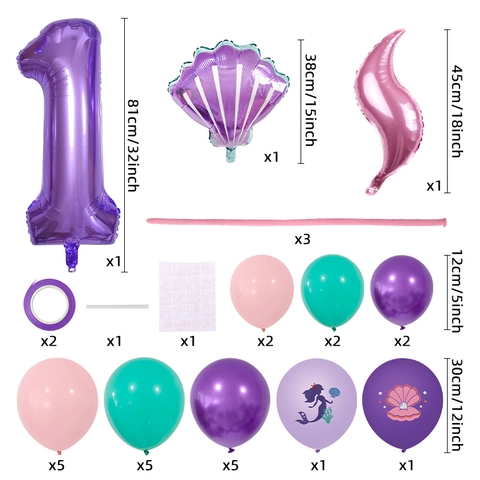 Mermaid Theme Birthday Balloon Arrangement Large Foil Number Shell Tail Printed Latex Balloons For Girls Party Decoration