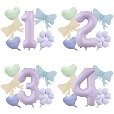 Retro Purple Aluminum Foil Balloon Kit Number Heart Bow Daisy Flower Decor For Birthday Anniversary Celebration Event Party Supplies
