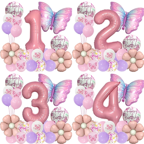 Butterfly Theme Birthday Party Balloon Set Aluminum Foil Latex Balloons Colorful Number Butterfly Flower Balloons For Kids Party Decoration