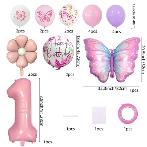Butterfly Theme Birthday Party Balloon Set Aluminum Foil Latex Balloons Colorful Number Butterfly Flower Balloons For Kids Party Decoration