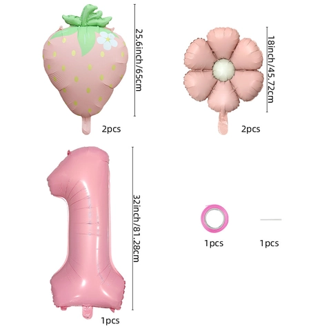 Strawberry Daisy Flower Number Aluminum Foil Balloon For Birthday Party Celebration Cartoon Macaron Pink Decoration Prop