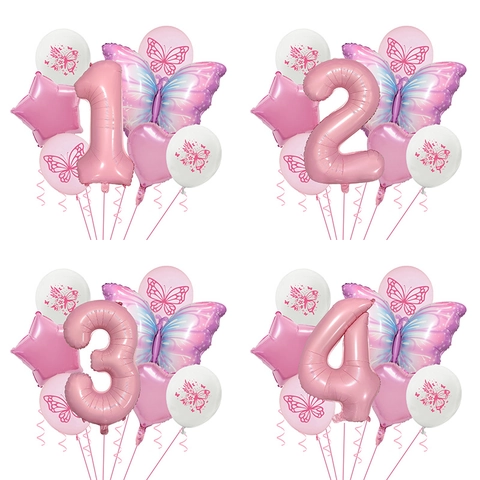 Butterfly Foil Balloon Bouquet Pink Number Birthday Party Decoration Set Gradient Butterfly Latex Balloons For Girls