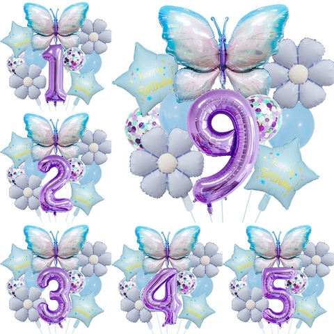 Eisblaue Schmetterling Geburtstagsparty Luftballons Aluminiumfolie Latex Digitale Nummer Stern Blume Dekoration Für Mädchen