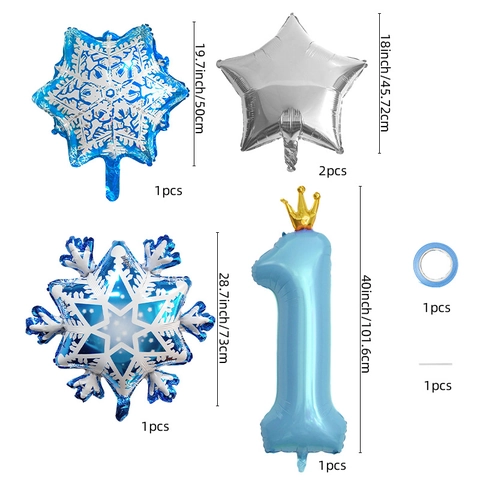 Snowflake Theme Aluminum Film Balloon Bundle With Blue Number Gold Crown Silver Stars For Kids Birthday Party Decoration