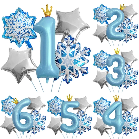 Snowflake Theme Aluminum Film Balloon Bundle With Blue Number Gold Crown Silver Stars For Kids Birthday Party Decoration