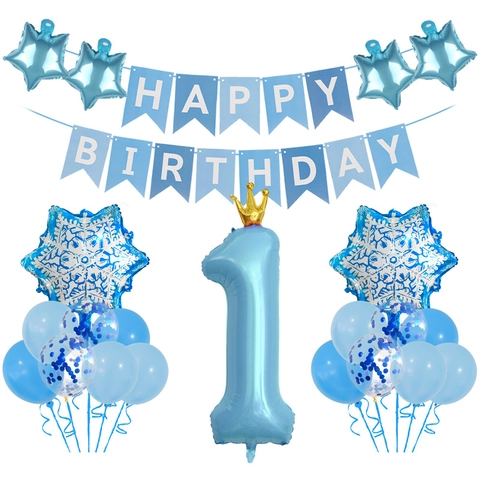 Geburtstag Party Dekoration Ballons Aluminiumfolie Latex Schneeflocke Stern Krone Nummer Banner Blau Thema Kinder Feier