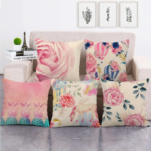 Federe Per Cuscini Con Motivo Floreale E Mongolfiere Acquerello In Lino Quadrate Decorative Per Divano Letto Casa