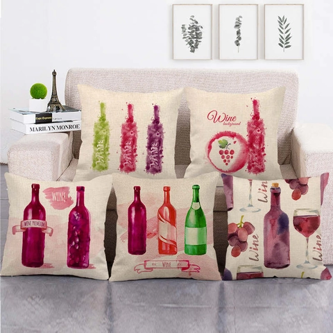 Funda De Cojín De Lino Con Diseño De Vino Tinto En Acuarela Estampado Artístico De Viñedo Para Sofá