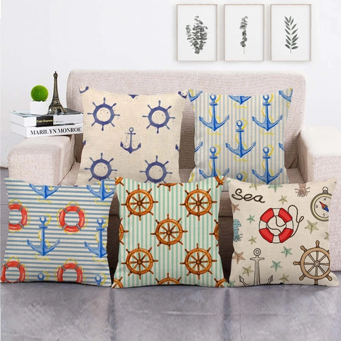 Nautical Linen Pillow Covers Anchor Rudder Print Mediterranean Coastal Decorative Cushion Cases For Sofa Living Room