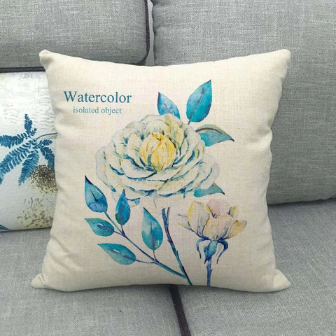 Vintage Watercolor Floral Linen Throw Pillow Case Square Blue Rose Decorative Cushion Cover For Sofa Living Room Home Decor