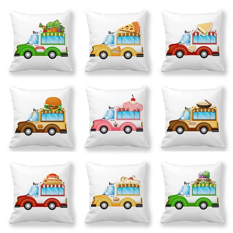 Fodera per Cuscino Quadrata Con Motivo Camion di Cibo Cartone Animato Federa Decorativa in Velluto di Poliestere per Divano