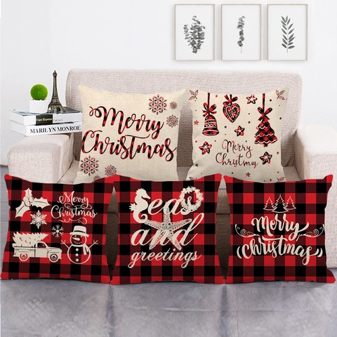 Fröhliche Weihnachten Buffalo Plaid Leinen Kissenbezug Dekorativer Wurfkissenbezug Für Sofa Couch Xmas Holiday Home Decor