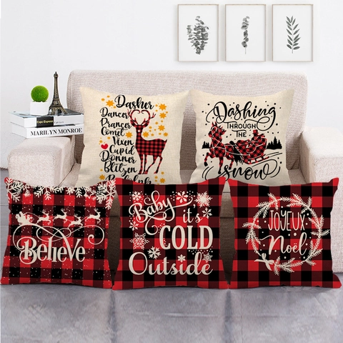Christmas Buffalo Plaid Linen Pillow Case Vintage Reindeer Tree Truck Cushion Cover For Living Room Holiday Decor Square Case