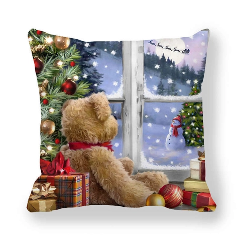 Festive Christmas Pillowcase Cartoon Santa Claus Snowman Printed Peach Skin Decorative Cushion Cover Home Sofa Throw Pillowcase