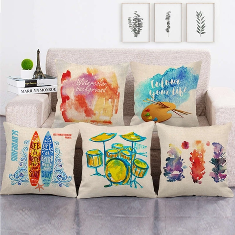 Watercolor Artistic Pattern Linen Cushion Cover Decorative Throw Pillow Case for Sofa Home Office Decor Square Pillowcase