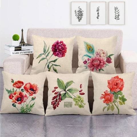 Funda de Cojín de Lino con Flores de Acuarela Cuadrada Artística Patrón de Flores Funda para Sofá Sala de Estar Decorativa