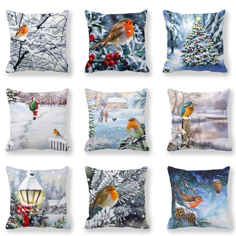 Winter Weihnachten Pfirsichhaut Samt Kissenbezug Dekorativer Kissenhülle Ölgemälde Schneeszene Weihnachtsmann Rotkehlchen Deko