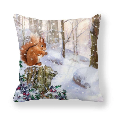 Winter Weihnachten Pfirsichhaut Samt Kissenbezug Dekorativer Kissenhülle Ölgemälde Schneeszene Weihnachtsmann Rotkehlchen Deko