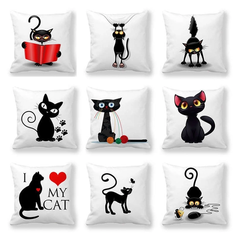 Federa Per Cuscino Gatto Nero Cartone Animato Microfibra Pelle Di Pesca Copricuscino Decorativo Divano Casa