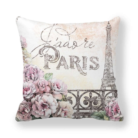 Housse de Coussin en Velours Peau de Pêche Vintage Paris Tour Eiffel Fleur de Rose Décorative Pour Maison Voiture