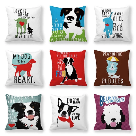 Funda de Cojín de Terciopelo de Piel de Melocotón Serie de Perros de Dibujos Animados Funda de Almohada Cuadrada Decorativa con Citas en Inglés